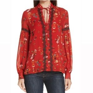 DEREK LAM 10 CROSBY Silk Lace Trimmed Floral Blouse In Chili Red longsleeve 00